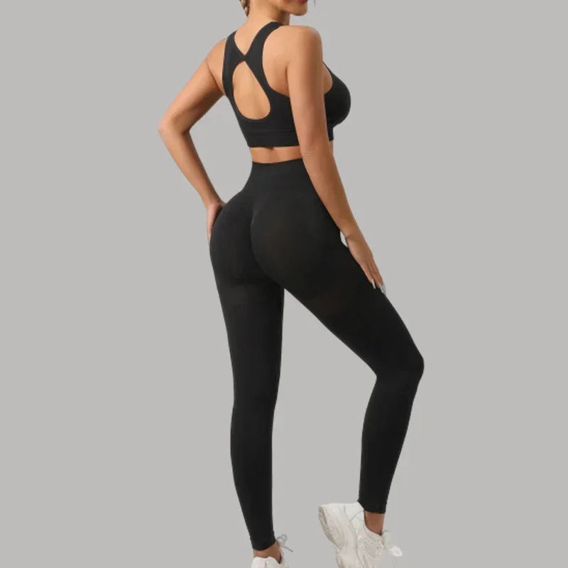 STOUREG Hollow Beauty Back 2Pcs Yoga Set Women Sports Bra+Hip Lifting Sports Pansts Workout Set Seamless Fitness Gym Set