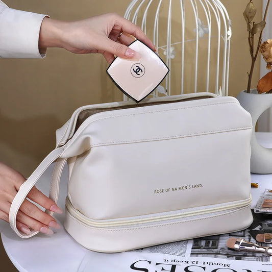 High-capacity PU Travel Zipper Portable Makeup Bag Toiletries Storage Organizer Multi-function Double Layer Thicken Cosmetic Bag